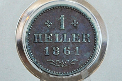 Rarer 1861 German States 1 Heller - Imperial City of Frankfurt - F/VF Condition - Only 378k Minted -