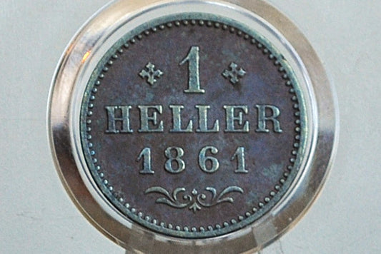 Rarer 1861 German States 1 Heller - Imperial City of Frankfurt - F/VF Condition - Only 378k Minted -