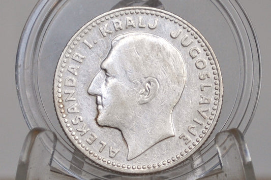1931 Silver Yugoslavia 10 Dinara - XF/AU Condition - Alexander I - .500 Silver -