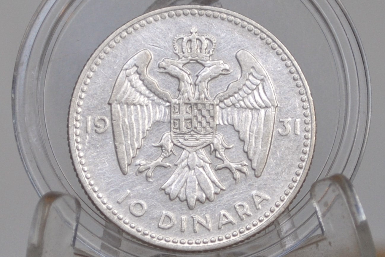 1931 Silver Yugoslavia 10 Dinara - XF/AU Condition - Alexander I - .500 Silver -