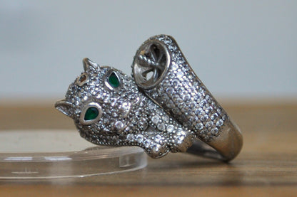 Sterling Silver Emerald Eyed Leopard Ring - Size 7 - Stamped and Tested Sterling Silver - Emerald Jungle Cat Ring