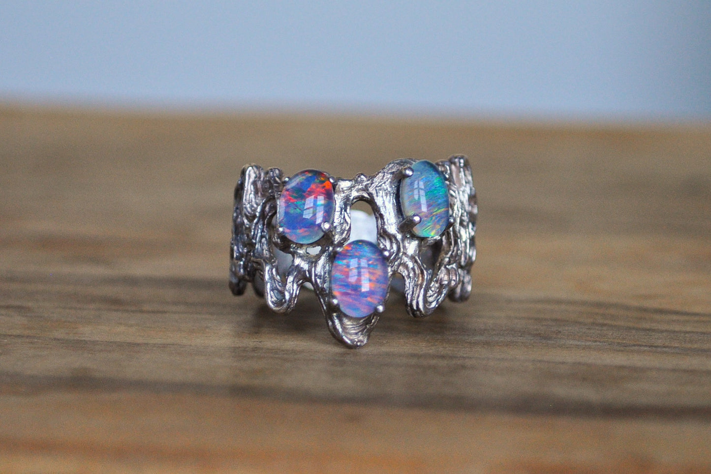 Sterling Silver Mexican Matrix Opal Crown Ring - Size 8 - Handmade 925 Silver Opal Ring