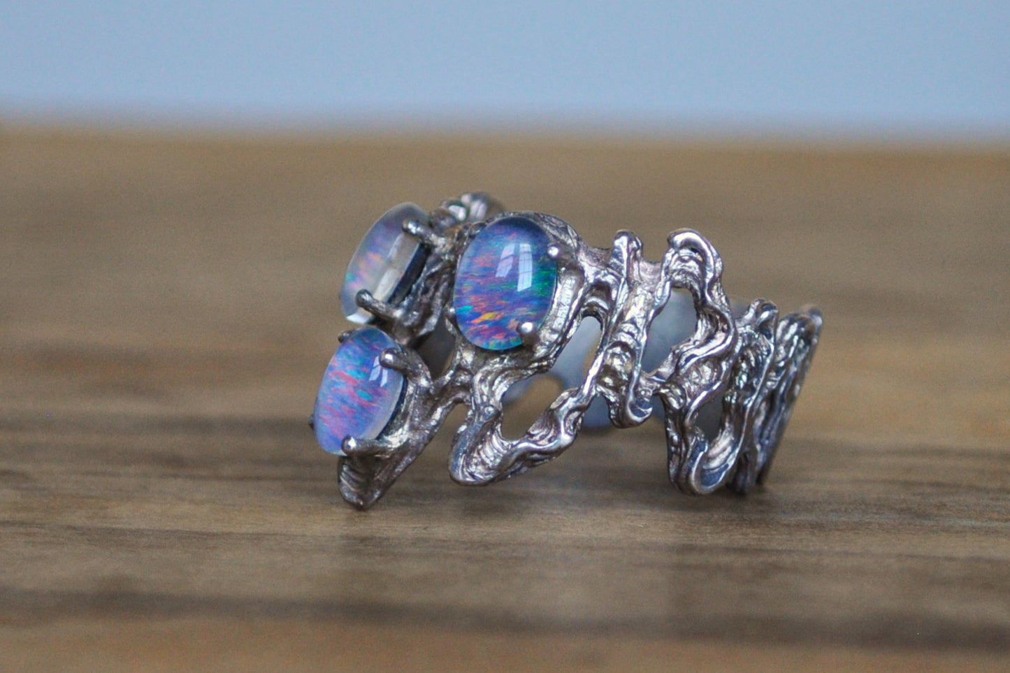 Sterling Silver Mexican Matrix Opal Crown Ring - Size 8 - Handmade 925 Silver Opal Ring