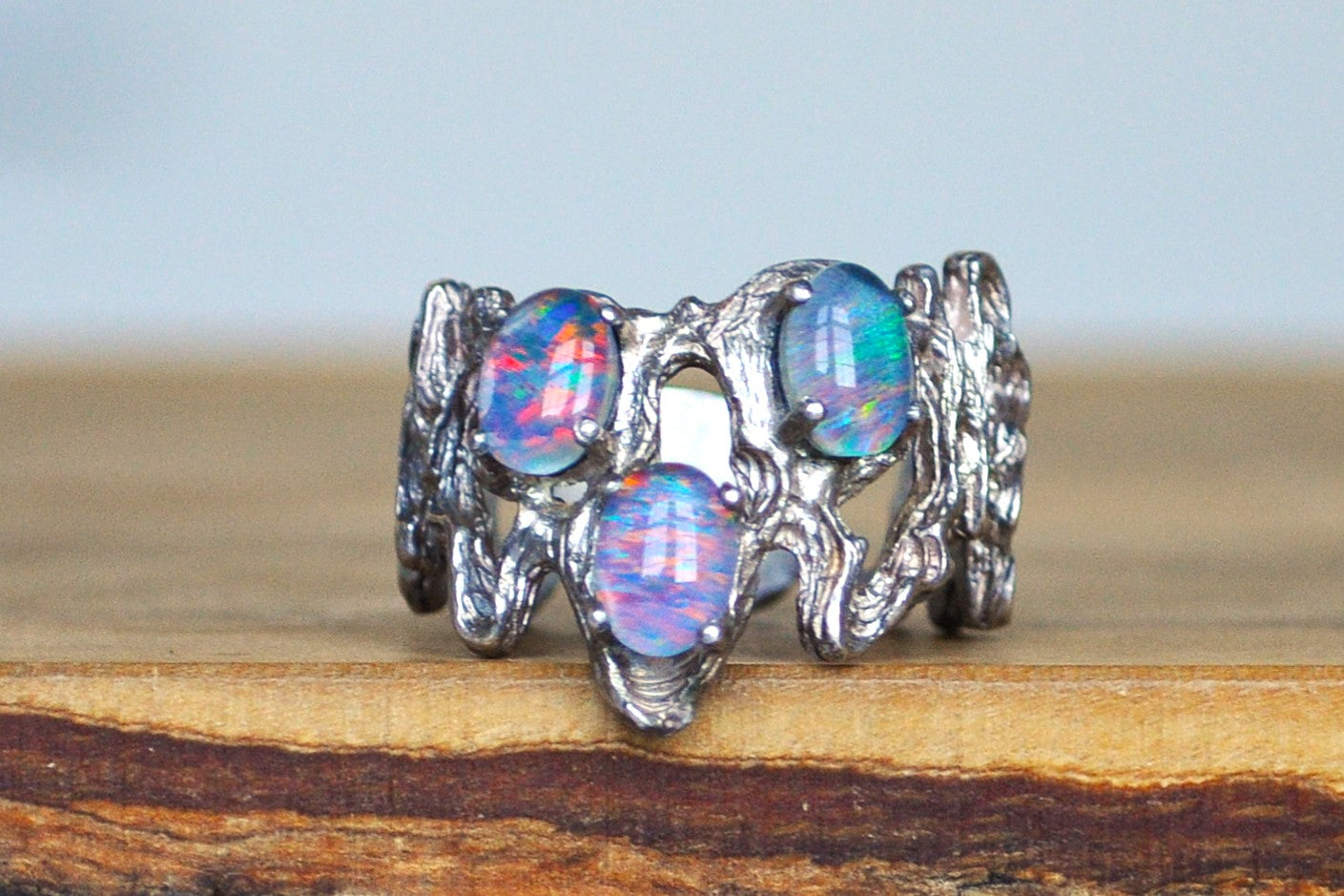Sterling Silver Mexican Matrix Opal Crown Ring - Size 8 - Handmade 925 Silver Opal Ring