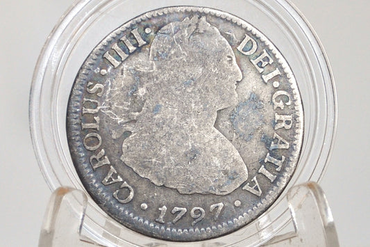 1797 Spanish 2 Reales, Mexico, Silver -  Affordable Coin - Spanish Silver Colonial Era Coin 1797 Two Reales - Pirate Coins (Copy)