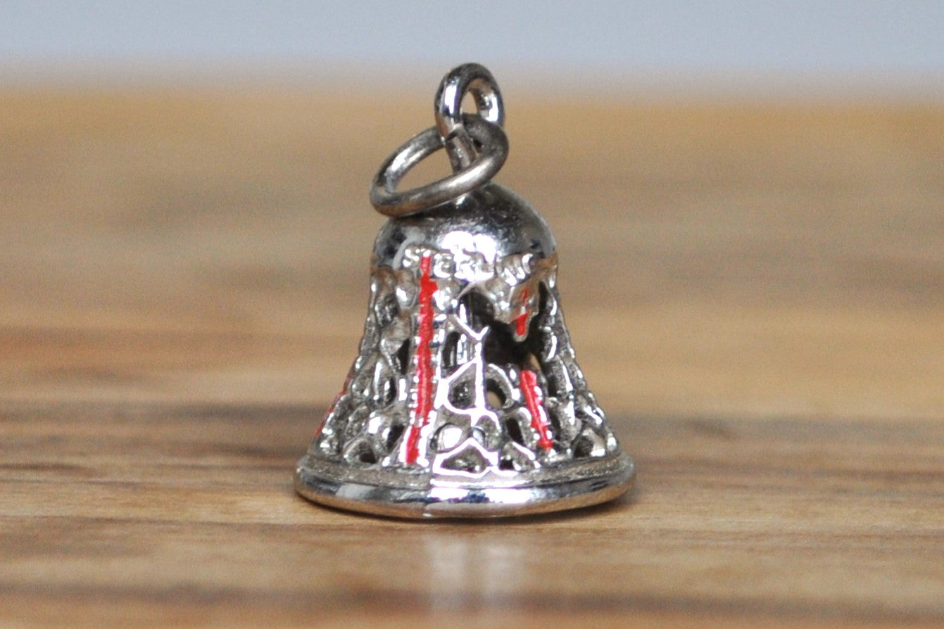 Sterling Silver Red Enamel Filigree Bell Charm - Stamped and Tested Sterling Silver - Vintage Christmas Bell