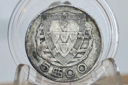 1943 Portuguese Silver 5 Escudos Portugal - Great Condition - Scarce and Great Year, Beautiful Design - Republica Portugesa Five Escudos 1943 -