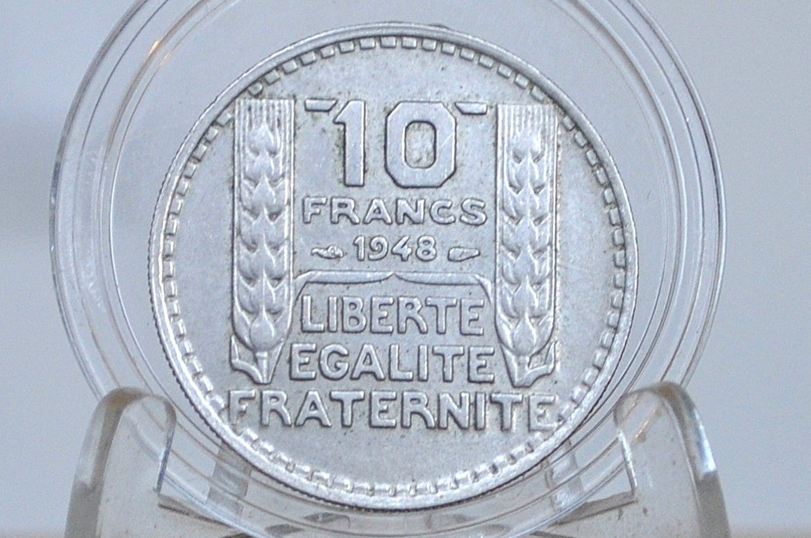 1948 French 10 Franc Coin - AU Condition - Small Head - 1940s Ten Franc - Fourth Republic of France Franc -