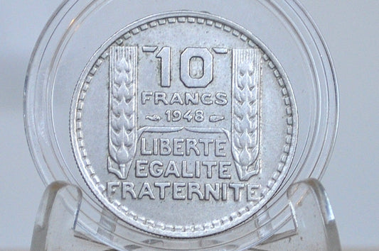1948 French 10 Franc Coin - AU Condition - Small Head - 1940s Ten Franc - Fourth Republic of France Franc -