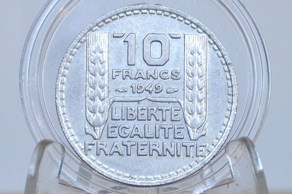 1949 French 10 Franc Coin - AU Condition - Small Head - 1940s Ten Franc - Fourth Republic of France Franc -