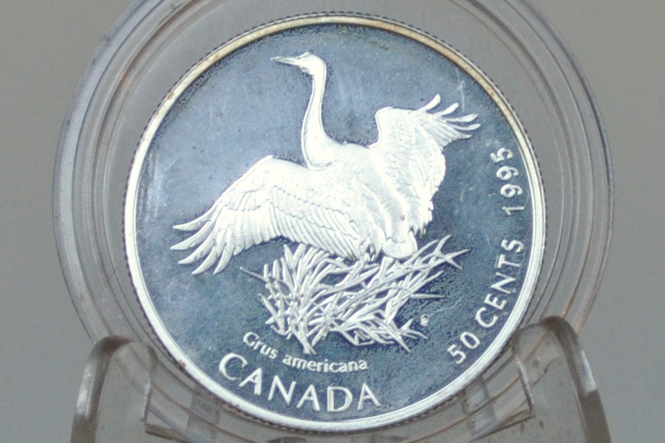 1995 Canadian Silver Half Dollar, Cameo Proof - Whooping Crane - 92.5% Silver Half Dollar Canada 1995 Crane