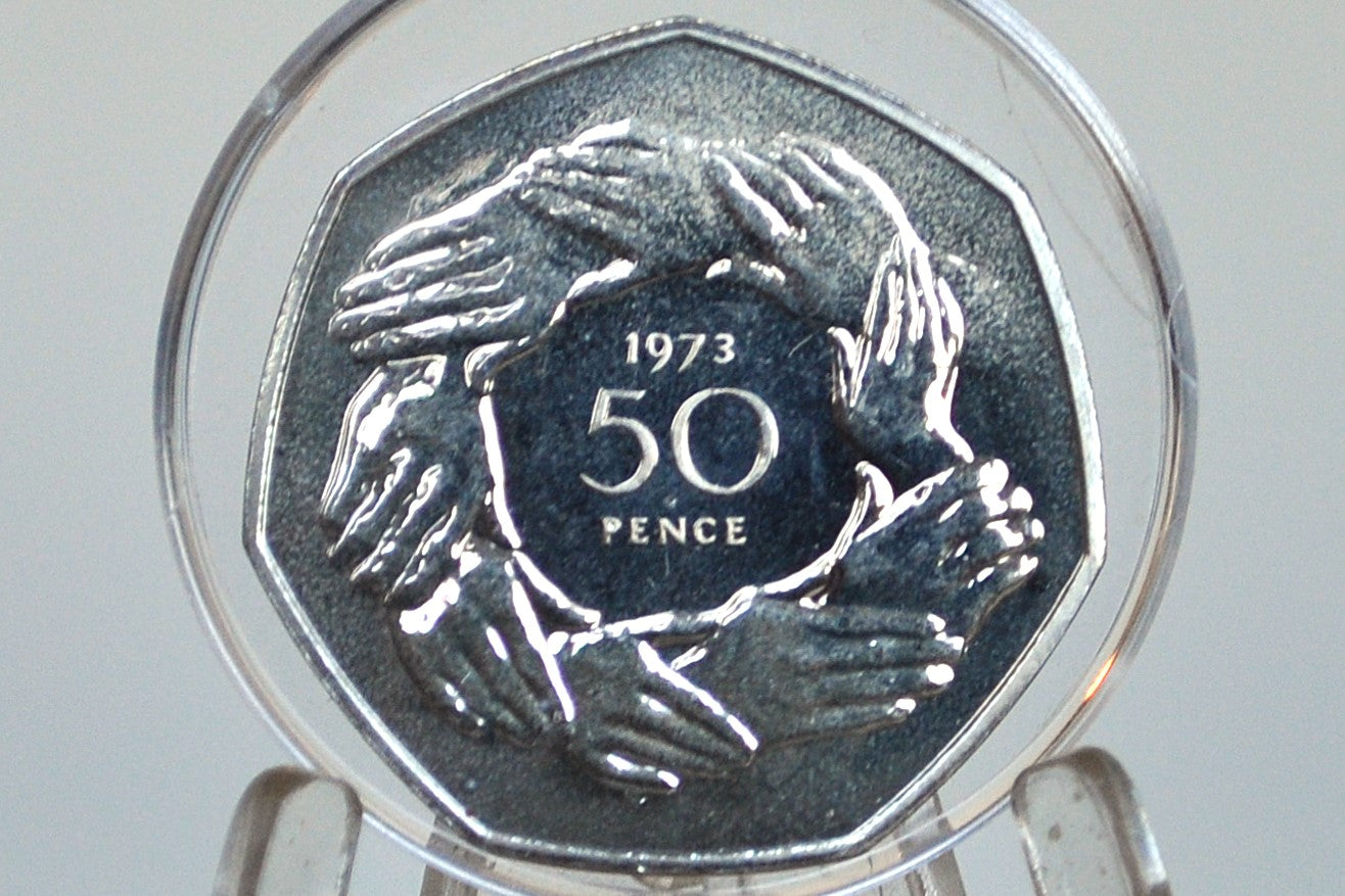 1973 9 Clasped Hands 50 Pence, Proof Strike, Low Mintage - European Economic Community Commemorative British 50p Coin 1973 - Queen Elizabeth The Second