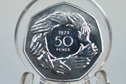 1973 9 Clasped Hands 50 Pence, Proof Strike, Low Mintage - European Economic Community Commemorative British 50p Coin 1973 - Queen Elizabeth The Second