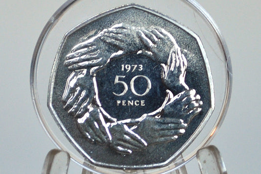 1973 9 Clasped Hands 50 Pence, Proof Strike, Low Mintage - European Economic Community Commemorative British 50p Coin 1973 - Queen Elizabeth The Second