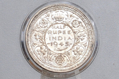 Silver India One Half Rupee 1945 - XF+ Condition, Beautiful Coin - 1945 British Issue India 1/2 Rupee - High Grade, Great Coin -