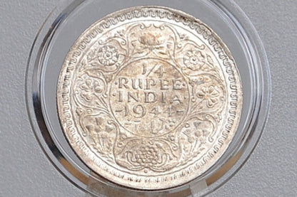 Silver India One Quarter Rupee 1944 - XF+ Condition, Beautiful Coin - George VI - 1944 British Issue India 1/4 Rupee - High Grade, Great Coin -