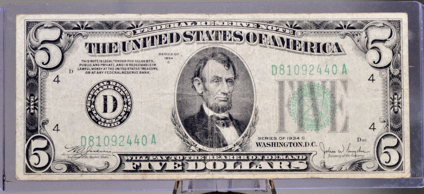 1934-C Federal Reserve 5 Dollar Note - Choice of Grade - Choose by Bank Issue - 1934C US Five Dollar Banknote - Fr.1959A, 1959B, 1959D