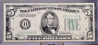 1934-C Federal Reserve 5 Dollar Note - Choice of Grade - Choose by Bank Issue - 1934C US Five Dollar Banknote - Fr.1959A, 1959B, 1959D
