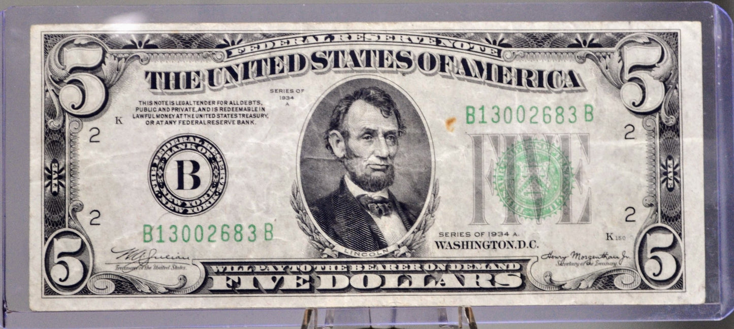 1934-A Federal Reserve 5 Dollar Note - Choice of Grade and Bank Issue - 1934 A US Five Dollar Bill - Fr.1957A Fr.1957B Fr.1957C