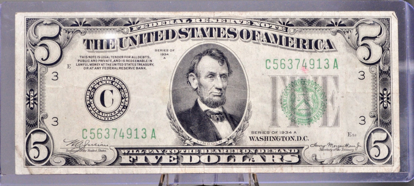 1934-A Federal Reserve 5 Dollar Note - Choice of Grade and Bank Issue - 1934 A US Five Dollar Bill - Fr.1957A Fr.1957B Fr.1957C