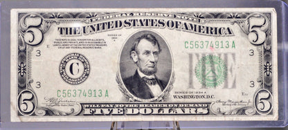 1934-A Federal Reserve 5 Dollar Note - Choice of Grade and Bank Issue - 1934 A US Five Dollar Bill - Fr.1957A Fr.1957B Fr.1957C
