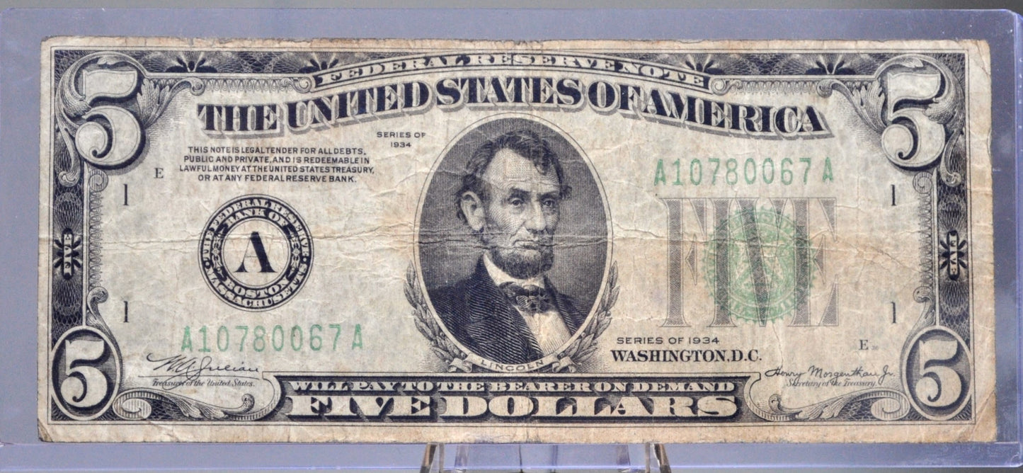 1934 Federal Reserve 5 Dollar Note - Light Green Seal (LGS) - Boston (A) / Cleveland (D) Issue - 1934 US Five Dollar Bill - Fr.1955-A/D