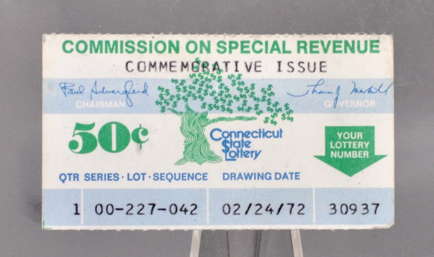 1972 First Issue 50 Cent Connecticut State Lottery Ticket - First or Later Issue - Rare Commemorative Connecticut Lottery Ticket 1972