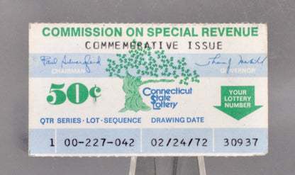 1972 First Issue 50 Cent Connecticut State Lottery Ticket - First or Later Issue - Rare Commemorative Connecticut Lottery Ticket 1972