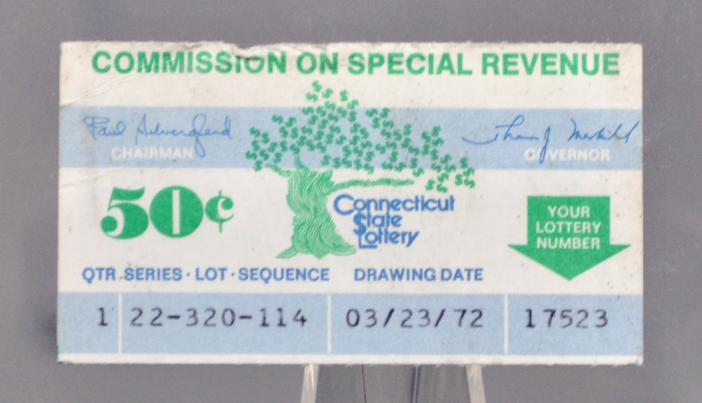 1972 First Issue 50 Cent Connecticut State Lottery Ticket - First or Later Issue - Rare Commemorative Connecticut Lottery Ticket 1972