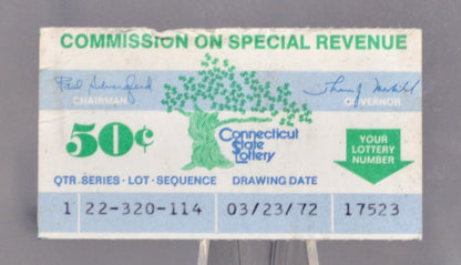 1972 First Issue 50 Cent Connecticut State Lottery Ticket - First or Later Issue - Rare Commemorative Connecticut Lottery Ticket 1972