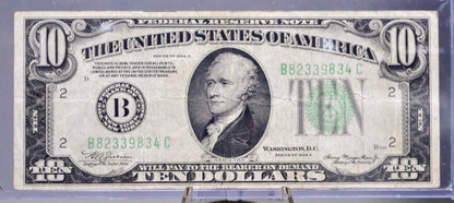 1934-A Federal Reserve 10 Dollar Note - Choice VF (VF+) - New York (B) Issue - 1934A Green Seal Ten Dollar Note - Fr#2006-B