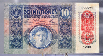 1915 (1919) Austria-Hungary 10 Kronen Note - WWI Austria-Hungary Note with 1919 Austria Stamp - 1919 Austrian Ten Krone Banknote - P#51