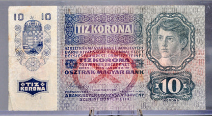 1915 (1919) Austria-Hungary 10 Kronen Note - WWI Austria-Hungary Note with 1919 Austria Stamp - 1919 Austrian Ten Krone Banknote - P#51