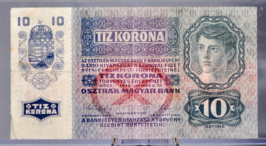 1915 (1919) Austria-Hungary 10 Kronen Note - WWI Austria-Hungary Note with 1919 Austria Stamp - 1919 Austrian Ten Krone Banknote - P#51