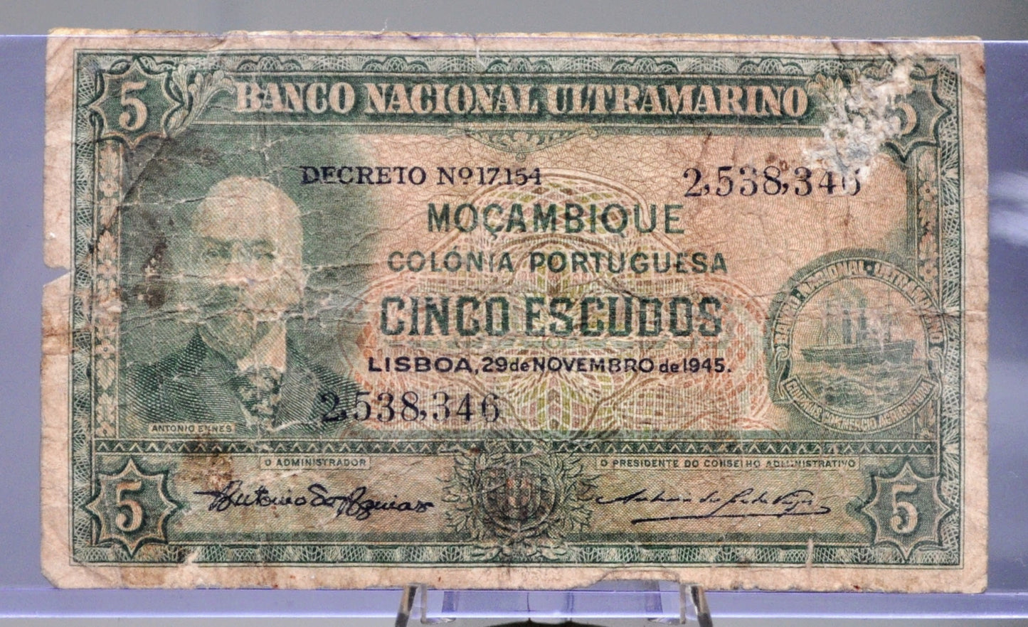 1945 Portuguese Mozambique 5 Escudos Colonial Note - Rare Colonial Mocambique Note - 1945 Portugal Colony Five Escudos Note - P#94