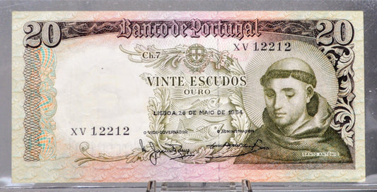 1964 Bank of Portugal 20 Escudos Note - Santo Antonio Type - Green Underprint - 1964 Portuguese Twenty (Vinte) Escudos Banknote - P#167b