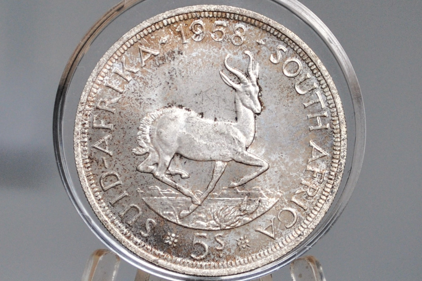 1958 South Africa Silver 5 Shilling - Choice BU, Toned - 50% Silver - Five Shilling Coin 1958 UK Issue South Africa