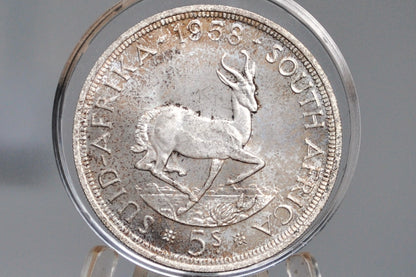 1958 South Africa Silver 5 Shilling - Choice BU, Toned - 50% Silver - Five Shilling Coin 1958 UK Issue South Africa