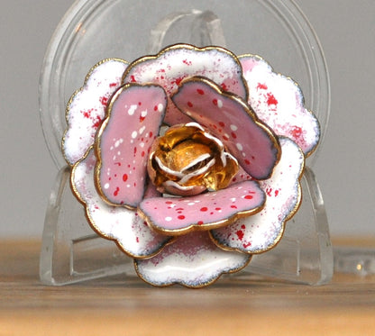 Pink 3D Enamel Gold Tone Rose Brooch - Three-Dimensional Pink Rose Brooch with Gold Tones