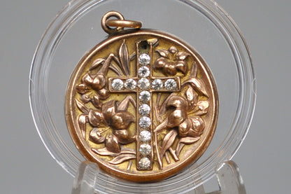 Gold Filled Lily Flower Cross Pendant - Tested Gold Filled - Crucifix/Cross Jewelry - Cubic Zirconia - Missing Piece