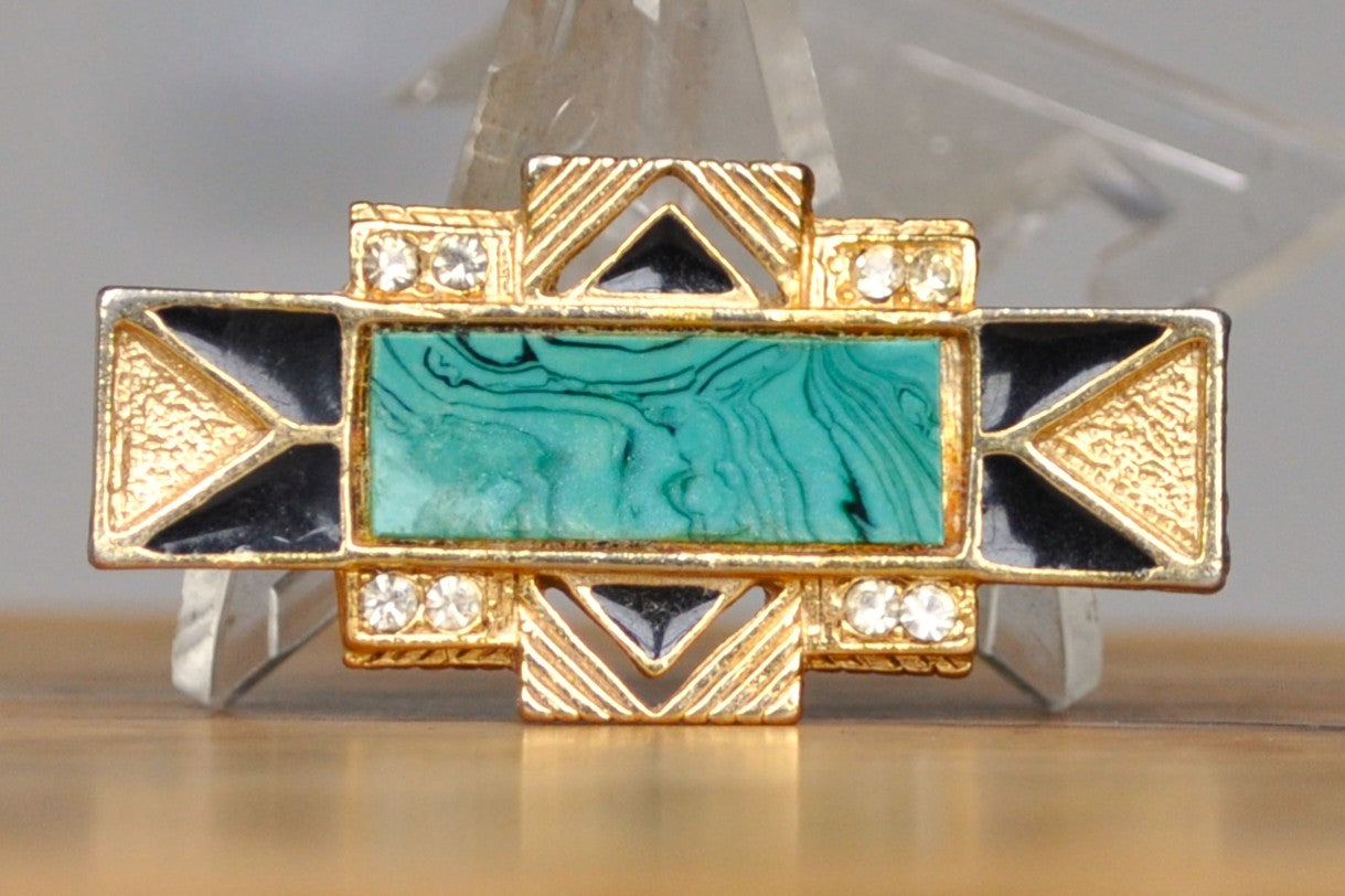 Vintage Gold Tone Art Deco Malachite Brooch - Studded Rhinestones - Uniquely Designed Geometric Brooch