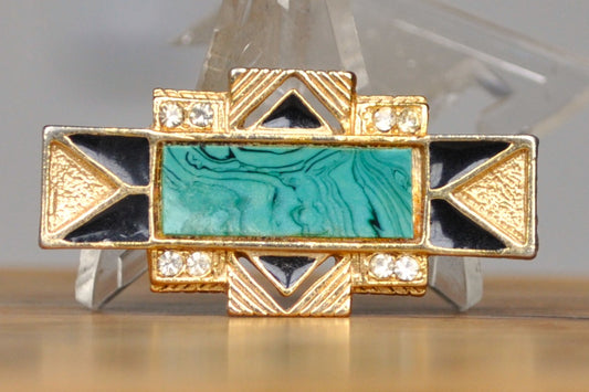 Vintage Gold Tone Art Deco Malachite Brooch - Studded Rhinestones - Uniquely Designed Geometric Brooch