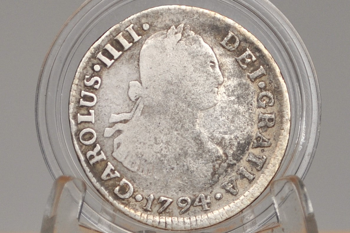 1794 Spanish 2 Reales, Silver - Spanish Silver Colonial Era Coin 1794 Two Reales - Pirate Coins