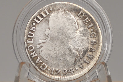1794 Spanish 2 Reales, Silver - Spanish Silver Colonial Era Coin 1794 Two Reales - Pirate Coins