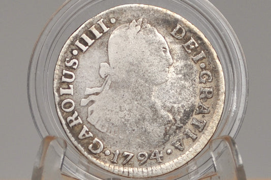 1794 Spanish 2 Reales, Silver - Spanish Silver Colonial Era Coin 1794 Two Reales - Pirate Coins