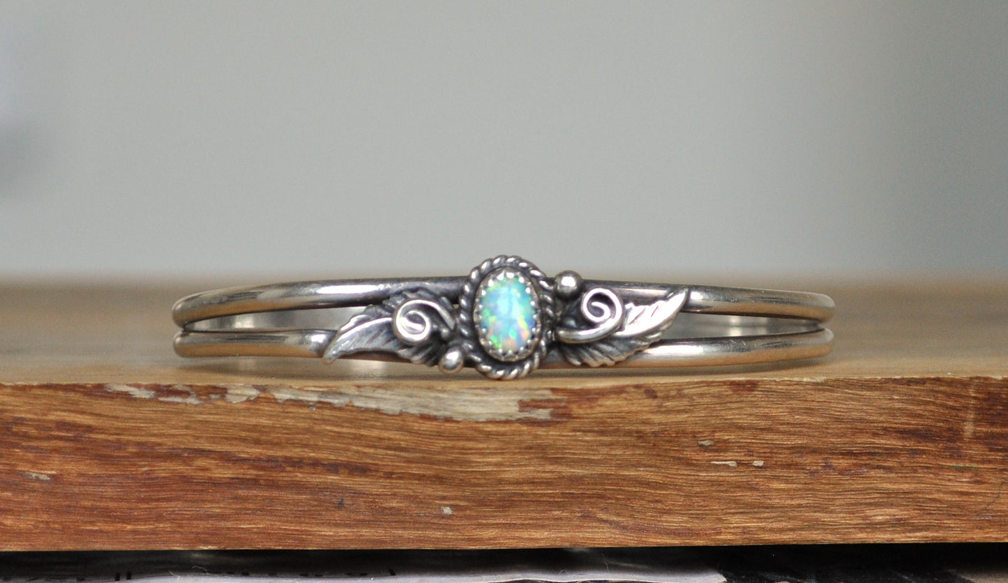 Sterling Silver Native Blue Fiery Opal Cuff  Bracelet - 2.25 In Wide, 1.75 In Height - Stamped and Tested Sterling Silver - Beautiful Opal Bracelet