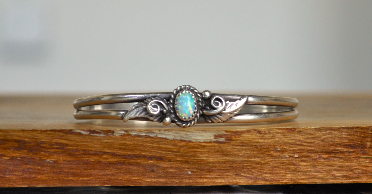 Sterling Silver Native Blue Fiery Opal Cuff  Bracelet - 2.25 In Wide, 1.75 In Height - Stamped and Tested Sterling Silver - Beautiful Opal Bracelet