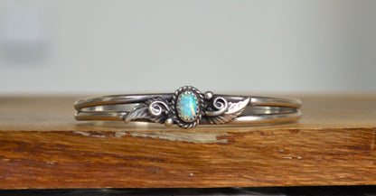 Sterling Silver Native Blue Fiery Opal Cuff  Bracelet - 2.25 In Wide, 1.75 In Height - Stamped and Tested Sterling Silver - Beautiful Opal Bracelet