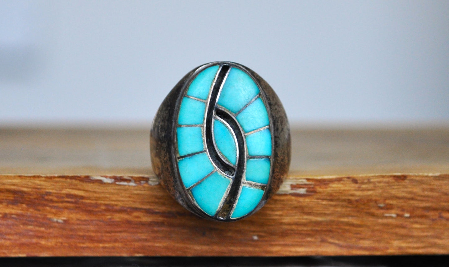Rare Sterling Silver Native American Southwest Turquoise Inlay Zuni Hummingbird Ring - Size 12 - Tested Sterling Silver - Thick Zuni Ring