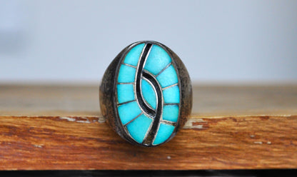 Rare Sterling Silver Native American Southwest Turquoise Inlay Zuni Hummingbird Ring - Size 12 - Tested Sterling Silver - Thick Zuni Ring